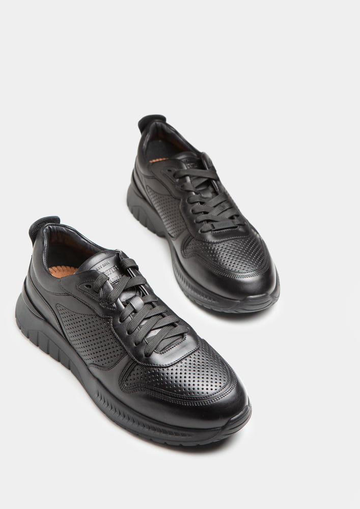 Perforated black leather sneakers 12184-5P